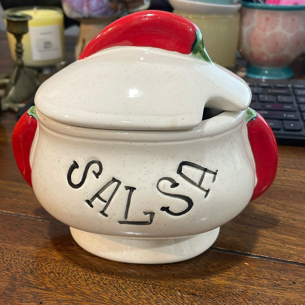 *Vintage Salsa Red Hot Jalapeno Pepper Serving Dish Bowl Lid No Spoon.